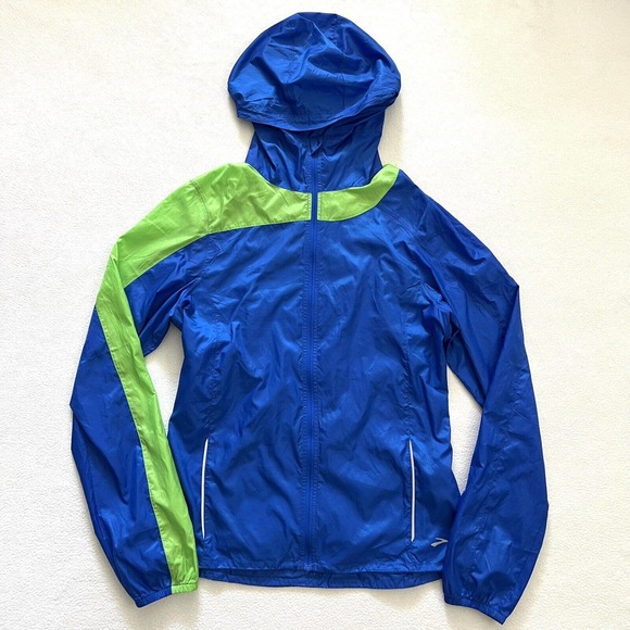 Brooks Nightlife LSD Lite Blue Green Running Nylon Zip Hooded Packable Jacket M - Picture 1 of 10